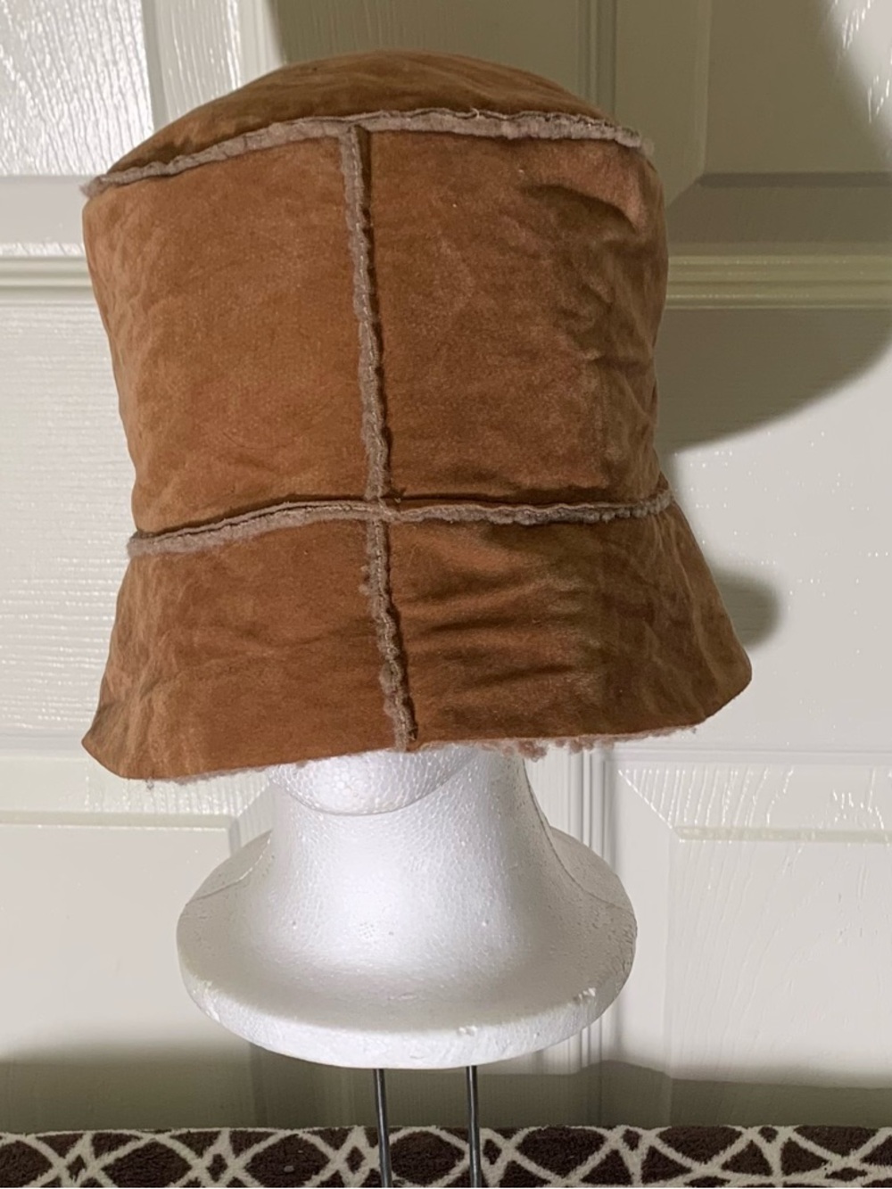 Brown Suede Shearling-Trim Bucket Hat